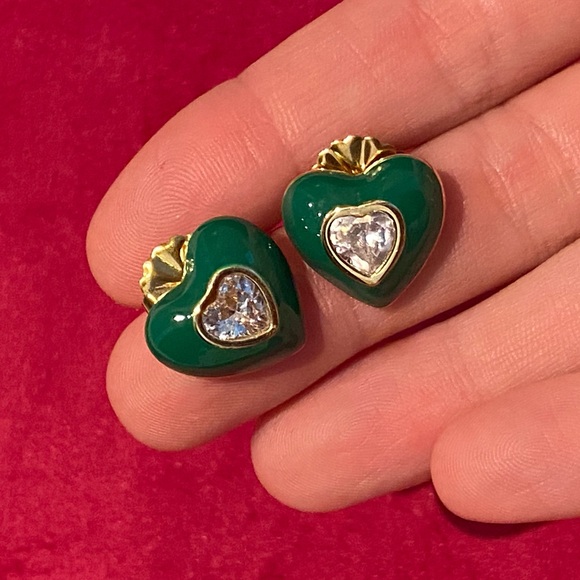 18k Gold Plated Green Enamel & CZ Studs - Picture 2 of 3